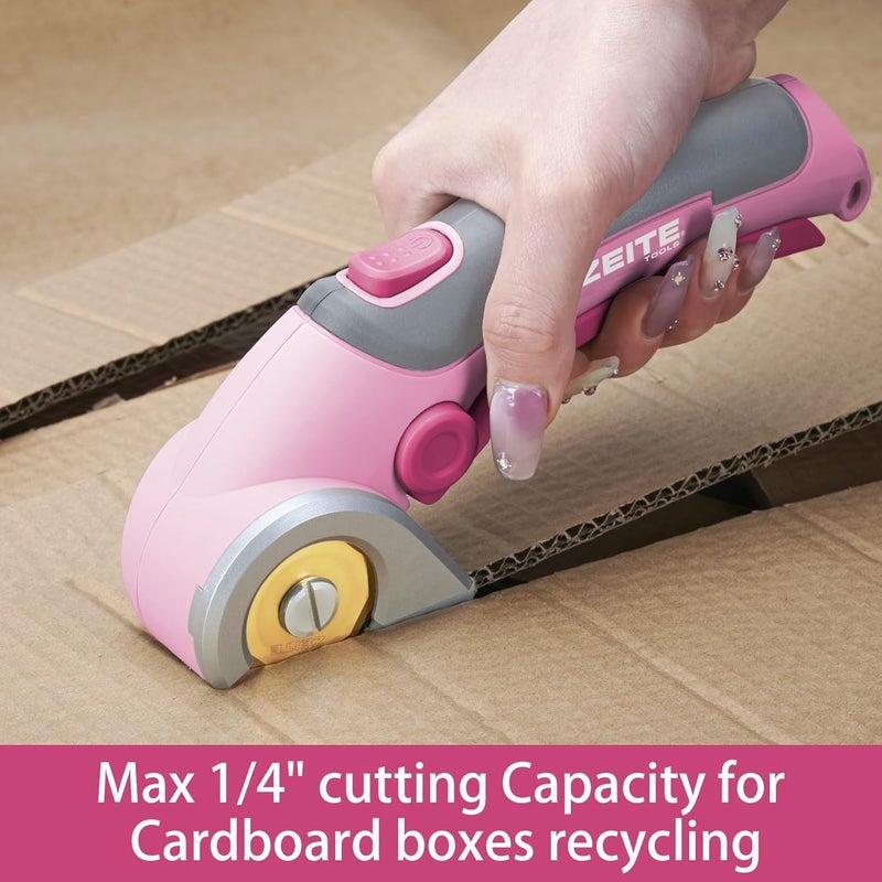 zeite 4V Cordless Scissors,Electric Cardboard Box Cutter with Titanium Coated HSS Blades,Ideal for Cardboard Leather Carpet Fabric Cutting and recycling,Storage Case,Pink - Image 3